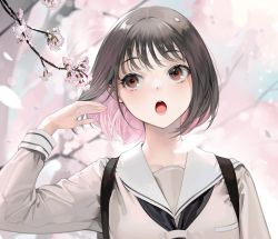 Rule 34 | 1girl, backpack, bag, black hair, blush, branch, cherry blossoms, colored inner hair, commentary, eyelashes, flower, grey jacket, hand in own hair, highres, jacket, long sleeves, looking to the side, multicolored hair, ohisashiburi, open mouth, original, petals, pink hair, red eyes, sailor collar, school uniform, serafuku, short hair, solo, upper body