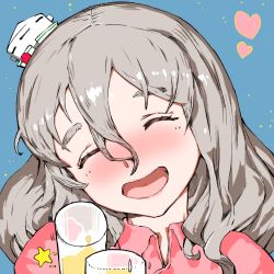 Rule 34 | 1girl, ^ ^, alcohol, blue background, blush, closed eyes, commentary request, cup, hair between eyes, hat, heart, highres, igarashi mangou, kantai collection, long hair, mini hat, nose blush, open mouth, pink shirt, pola (kancolle), shirt, simple background, sketch, solo, star (symbol), thick eyebrows, upper body, wavy hair