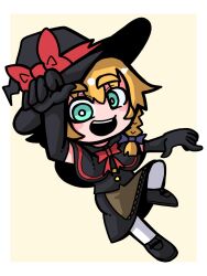 Rule 34 | 1girl, apron, black capelet, black footwear, black gloves, black hat, black skirt, black vest, blonde hair, blue eyes, blush, bow, braid, bright pupils, brown apron, capelet, cookie (touhou), full body, gloves, hair bow, hat, hat bow, highres, kirisame marisa, looking at viewer, medium bangs, meguru (cookie), open mouth, red bow, side braid, simple background, single braid, skirt, solo, sznkrs, thick eyebrows, touhou, two-tone background, vest, waist apron, white background, white pupils, witch hat, yellow background