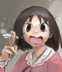 Rule 34 | 1girl, absurdres, angry, azumanga daiou, cigarette, highres, holding, holding cigarette, indoors, kasuga ayumu, liamickpie, looking at viewer, medium hair, open mouth, school uniform, solo