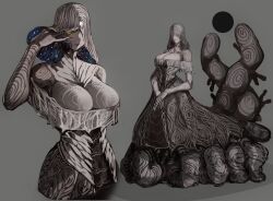 Rule 34 | 1girl, breasts, closed mouth, colored skin, dress, elden ring, elden ring: shadow of the erdtree, eldritch abomination, fingerprint, grey background, grey dress, grey skin, highres, huge breasts, metyr mother of fingers, monster girl, multiple views, off-shoulder dress, off shoulder, personification, simple background, tomatolover16, too many fingers, yellow eyes