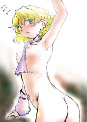 Rule 34 | 1girl, absurdres, arm up, arm warmers, armpits, ass, blush, breasts, cum, cum on ass, cum on body, cum on breasts, cum on upper body, embarrassed, facial, goton goton, green eyes, highres, looking at viewer, looking back, mizuhashi parsee, neckerchief, nipples, nude, perky breasts, pointy ears, short hair, simple background, small breasts, solo, touhou, wavy hair, white background