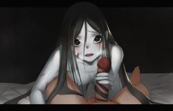Rule 34 | 1boy, 1girl, all fours, black eyes, black hair, blush, breasts, bruise, censored, colored skin, commentary request, dark nipples, darkness, erection, ghost, grey skin, hair between eyes, hairjob, handjob, heavy breathing, hetero, injury, kasseus maximus, letterboxed, looking at viewer, mosaic censoring, nipples, nude, parted bangs, parted lips, penis, pov, precum, small breasts, solo focus, the ring, yamamura sadako