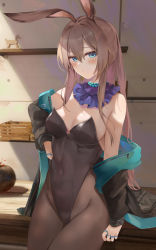 Rule 34 | 1girl, amiya (arknights), animal ears, arknights, bare shoulders, black jacket, black leotard, blue eyes, breasts, brown hair, brown pantyhose, cameltoe, cleavage, covered navel, cowboy shot, detached collar, embarrassed, groin, hand on own hip, highleg, highleg leotard, highres, jacket, leotard, long hair, long sleeves, looking at viewer, medium breasts, multiple rings, no bra, off shoulder, open clothes, open jacket, pantyhose, playboy bunny, ponytail, rabbit ears, ring, ru zhai, sidelocks, solo, strapless, strapless leotard