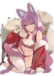 Rule 34 | 1girl, absurdres, alternate breast size, alternate costume, animal ears, azur lane, bag, bare shoulders, barefoot, bell, bikini, blue eyes, blunt bangs, blush, braid, breasts, card, choker, christmas, cleavage, closed mouth, coat, commentary request, detached sleeves, eyelashes, fake animal ears, fur trim, hair bell, hair ornament, hand up, highres, holding, holding card, jacket, jingle bell, kincora, kneeling, large breasts, long hair, long sleeves, looking at viewer, low twin braids, medium breasts, navel, off shoulder, open clothes, open jacket, panties, ponytail, purple eyes, purple hair, red bikini, sack, santa bikini, santa costume, simple background, sitting, sketch, solo, stomach, swimsuit, tashkent (azur lane), thighhighs, thighs, twin braids, underwear, very long hair, white background