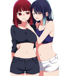 Rule 34 | 2girls, arima kana, black shorts, blue bra, blue hair, bob cut, bra, breasts, cheek poking, cleavage, closed eyes, collarbone, commentary, cowboy shot, crop top, cropped shirt, gradient hair, hand on another&#039;s waist, highres, inverted bob, kurokawa akane, kusana (kusana47454281), large breasts, light blue hair, medium hair, multicolored hair, multiple girls, navel, no pupils, open mouth, oshi no ko, parted lips, poking, red eyes, red hair, shorts, sidelocks, simple background, stomach, unamused, underwear, white background, white shorts, yuri