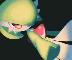 Rule 34 | 1girl, artist name, black background, bob cut, closed mouth, colored skin, creatures (company), dutch angle, female focus, flat chest, game freak, gardevoir, gen 3 pokemon, gou (pixiv 24579323), green hair, green skin, hair over one eye, looking at viewer, multicolored skin, nintendo, one eye covered, outstretched arm, pokemon, pokemon (creature), red eyes, short hair, signature, simple background, solo, standing, tongue, tongue out, two-tone skin, white skin