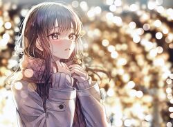 Rule 34 | 1girl, blurry, blurry background, blush, brown hair, coat, commentary, english commentary, hair over shoulder, hands on own chest, highres, light, light particles, long hair, long sleeves, looking away, night, open mouth, original, outdoors, plaid, plaid scarf, red eyes, red scarf, sakura (39ra), scarf, sidelocks, solo, upper body, white coat