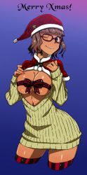 Rule 34 | 1girl, ;), bow, breasts, brown eyes, brown hair, capelet, christmas, cleavage, clothes pull, cowboy shot, dark-skinned female, dark skin, glasses, gradient background, hat, highres, kamezaemon, kasshoku kyonyuu megane-san (kamezaemon), large breasts, merry christmas, one eye closed, open clothes, original, ribbed sweater, ribbon, santa hat, smile, solo, striped clothes, striped legwear, striped thighhighs, sweater, sweater pull, thighhighs, vertical-striped clothes, vertical-striped thighhighs