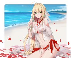 Rule 34 | 1girl, bad id, bad pixiv id, bikini, blonde hair, blush, breasts, closed mouth, fate/grand order, fate (series), green eyes, hair intakes, halterneck, long hair, looking at viewer, nero claudius (fate), nero claudius (fate) (all), nero claudius (swimsuit caster) (fate), nero claudius (swimsuit caster) (third ascension) (fate), qb 516, simple background, sitting, smile, solo, striped bikini, striped clothes, swimsuit, tagme