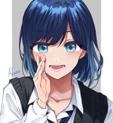 Rule 34 | 1girl, blue eyes, blue hair, collarbone, collared shirt, commentary request, english text, goriland inuta, hand up, kurokawa akane, looking at viewer, lower teeth only, open mouth, oshi no ko, shirt, solo, teeth, vest, white shirt