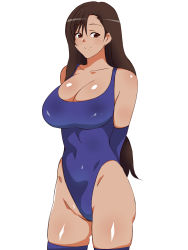 Rule 34 | 1990s (style), 1girl, arms behind back, bare shoulders, breasts, brown eyes, brown hair, cleavage, competition swimsuit, earrings, elbow gloves, female focus, final fantasy, final fantasy vii, gloves, highleg, highleg swimsuit, highres, jewelry, kagemusha, large breasts, long hair, looking at viewer, one-piece swimsuit, simple background, smile, solo, swimsuit, tan, thighhighs, tifa lockhart, white background