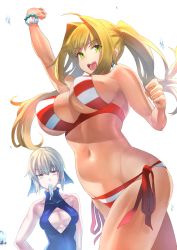 Rule 34 | 10s, 2girls, absurdres, ahoge, artoria pendragon (all), artoria pendragon (alter swimsuit rider) (fate), artoria pendragon (alter swimsuit rider) (first ascension) (fate), artoria pendragon (fate), bare shoulders, bead bracelet, beads, bikini, black bow, black dress, blonde hair, bow, bracelet, breasts, cleavage, cleavage cutout, clothing cutout, collarbone, dress, earrings, fate/extra, fate/grand order, fate/stay night, fate (series), food, green eyes, hair between eyes, hair bow, hair intakes, halterneck, hand up, highres, hip focus, hotate-chan, jewelry, large breasts, long hair, looking at viewer, medium breasts, multiple girls, navel, nero claudius (fate), nero claudius (fate) (all), nero claudius (swimsuit caster) (fate), open mouth, popsicle, red bikini, saber alter, side-tie bikini bottom, simple background, smile, striped bikini, striped clothes, swimsuit, thighs, twintails, white background, yellow eyes