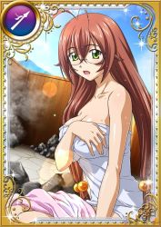 Rule 34 | 00s, 1girl, bath, breast hold, breasts, brown hair, card (medium), day, glasses, green eyes, hair ornament, ikkitousen, large breasts, long hair, looking at viewer, official art, ryuubi gentoku, shiny skin, solo, towel, very long hair