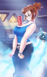 Rule 34 | &gt;:t, 1girl, :t, bad id, bad pixiv id, balancing, bare shoulders, bead bracelet, beads, black-framed eyewear, black pants, bracelet, breasts, brown eyes, brown hair, can, casual, cleavage, coca-cola, concentrating, cross-eyed, drawstring, drink can, eyebrows, fog, from side, glasses, hair bun, hair ornament, hair stick, hairpin, highres, ice, indoors, jewelry, kkmi, large breasts, legs together, matching hair/eyes, mei (overwatch), midriff, midriff peek, overwatch, overwatch 1, pants, robot, sideboob, single hair bun, snowball (overwatch), soda can, solo, standing, sweat, sweatpants, tank top, tawawa challenge, thick eyebrows, trembling, v-shaped eyebrows