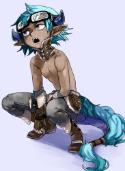Rule 34 | 1boy, arm warmers, black gloves, blue hair, boots, brown footwear, dark-skinned male, dark skin, dragon boy, dragon horns, dragon tail, fangs, fingerless gloves, full body, fur-tipped tail, fur-trimmed gloves, fur trim, gloves, goggles, goggles on head, grey pants, hitsuka no tsuki miko, horns, looking to the side, male focus, neck corset, open mouth, original, pants, pointy ears, purple background, purple eyes, purple horns, short hair, simple background, slit pupils, solo, squatting, tail, topless male