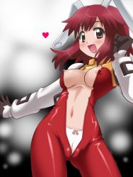 Rule 34 | 1girl, awa, bodysuit, breasts, center opening, female focus, fight ippatsu! juuden-chan!!, navel, nipples, open mouth, panties, plug cryostat, red eyes, red hair, smile, solo, underwear, unzipped