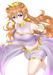 Rule 34 | 1girl, absurdres, artist name, artist request, bare legs, blush, bow, bracelet, breasts, brown hair, butterfly (love live!), choker, cleavage, clothing cutout, collarbone, cropped shirt, crown, detached sleeves, double bun, dress, dress shirt, earrings, female focus, floating hair, gold bracelet, hair between eyes, hair bun, hair rings, harem outfit, highres, holding, holding clothes, holding dress, jewelry, konoe kanata, long hair, looking at viewer, love live!, love live! nijigasaki high school idol club, love live! school idol festival, medium breasts, navel, parted lips, puffy short sleeves, puffy sleeves, purple bow, purple eyes, purple ribbon, purple shirt, purple shorts, ribbon, shirt, short sleeves, shorts, shoulder cutout, smile, solo, standing, standing on one leg, two side up, white background, yellow bracelet, yellow choker