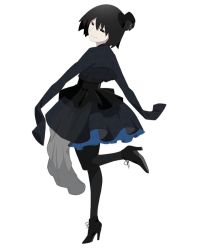 Rule 34 | 1girl, black dress, black eyes, black footwear, black hair, blue dress, bob cut, boots, closed mouth, commentary, dress, empty eyes, foot up, from behind, from side, full body, hair between eyes, hat, high heel boots, high heels, long sleeves, looking at viewer, looking back, mini hat, mini top hat, monogatari (series), official art, oshino ougi, pale skin, pantyhose, short hair, simple background, sleeves past wrists, smile, solo, standing, standing on one leg, top hat, two-tone dress, watanabe akio, white background