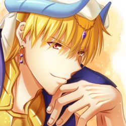 Rule 34 | 1boy, bad id, bad pixiv id, blonde hair, closed mouth, earrings, fate/grand order, fate (series), gilgamesh, gilgamesh (caster) (fate), gilgamesh (fate), hair between eyes, jewelry, male focus, portrait, red eyes, riako, smile, solo, white background