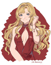 Rule 34 | 1girl, alternate hairstyle, blonde hair, blue eyes, bracelet, breasts, cleavage, cleavage cutout, closed mouth, clothing cutout, collarbone, dress, earrings, granblue fantasy, hair down, hair intakes, highres, jewelry, long hair, looking at viewer, medium breasts, red background, red dress, sleeveless, sleeveless dress, smile, solo, standing, two-tone background, upper body, very long hair, white background, zeta (granblue fantasy)