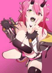 Rule 34 | 1girl, commentary request, commission, fangs, fingernails, gloves, henken, highres, horns, jacket, long fingernails, looking at viewer, nail polish, navel, off shoulder, open mouth, original, partially fingerless gloves, pink background, pink hair, pointy ears, sharp fingernails, shoes, shorts, single glove, single thighhigh, skeb commission, slit pupils, sneakers, solo, thighhighs, yellow eyes