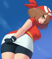 Rule 34 | 1girl, ass, bandana, bike shorts, blue eyes, blush, breasts, brown hair, creatures (company), from behind, game freak, gloves, hat, kuroonehalf, looking at viewer, looking back, may (pokemon), nintendo, open mouth, pokemon, pokemon rse, short hair, shorts, smile, solo, tongue, tongue out