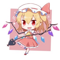 Rule 34 | 1girl, :d, ascot, back bow, blonde hair, blush, bobby socks, bow, chibi, crystal, fang, flandre scarlet, frilled shirt collar, frills, full body, hair between eyes, hat, hat bow, highres, holding, holding weapon, laevatein (touhou), mob cap, one side up, open mouth, petticoat, pink background, pointy ears, puffy short sleeves, puffy sleeves, red bow, red eyes, red skirt, red vest, short hair, short sleeves, simple background, skirt, smile, socks, solo, sparkle, standing, standing on one leg, touhou, toyomagorilla, vest, weapon, white background, white bow, white hat, wings
