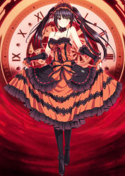 Rule 34 | 1girl, absurdres, black footwear, black hair, boots, breasts, clock, clock eyes, cross-laced footwear, date a live, dress, full body, gothic lolita, hairband, hatsune haruka, heterochromia, highres, lace-up boots, lolita fashion, lolita hairband, medium breasts, orange dress, red eyes, solo, standing, symbol-shaped pupils, tokisaki kurumi, twintails, uneven twintails, yellow eyes
