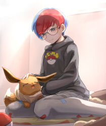 Rule 34 | 1girl, blue hair, closed mouth, commentary request, creatures (company), eevee, from below, game freak, gen 1 pokemon, glasses, grey eyes, highres, hood, hoodie, indoors, itsudzumi, multicolored hair, nintendo, pantyhose, penny (pokemon), petting, poke ball, poke ball (basic), poke ball print, pokemon, pokemon (creature), pokemon sv, print pantyhose, red hair, round eyewear, see-through, see-through skirt, sitting, skirt, smile, two-tone hair