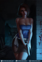 Rule 34 | 1girl, against wall, blood, blood stain, bloody handprints, blue eyes, breasts, brown hair, capcom, cleavage, clothes around waist, gun, hallway, handgun, handprint, highres, jill valentine, luminyu, nemesis (resident evil), parted lips, resident evil, resident evil 3, resident evil 3: nemesis, serious, shadow, skirt, solo, standing, strapless, tube top, weapon