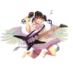 Rule 34 | &gt;:d, 10s, 1girl, :d, angel wings, ankle lace-up, artist name, barefoot, black hair, bow, bowtie, center frills, clothing cutout, cross-laced footwear, electric guitar, feathered wings, flower, flying, frilled shirt collar, frills, full body, guitar, hair between eyes, hair flower, hair ornament, hair ribbon, holding, holding instrument, instrument, looking at viewer, love live!, love live! school idol project, music, musical note, navel, open mouth, pink bow, pink bowtie, playing instrument, plectrum, quaver, red eyes, ribbon, saylor, scrunchie, shoulder cutout, simple background, skirt, smile, solo, striped bow, striped bowtie, striped clothes, striped neckwear, thigh strap, twintails, v-shaped eyebrows, white background, wings, x hair ornament, yazawa nico