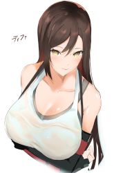 Rule 34 | 112san, 1girl, bad id, bad pixiv id, bare shoulders, blush, breasts, brown eyes, brown hair, cleavage, closed mouth, collarbone, crop top, crossed arms, elbow gloves, final fantasy, final fantasy vii, fingerless gloves, gloves, hair between eyes, highres, large breasts, long hair, shirt, smile, suspenders, tank top, tifa lockhart, white shirt