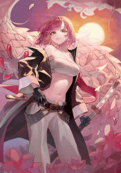 Rule 34 | 1girl, absurdres, alchemy stars, belt, belt buckle, black gloves, black jacket, breasts, buckle, commentary, english commentary, falling petals, feet out of frame, flower, gloves, hand on own hip, highres, hiiro (alchemy stars), holding, holding sword, holding weapon, jacket, katana, looking at viewer, mac star, medium breasts, midriff, off shoulder, open clothes, open jacket, pants, parted lips, petals, pink eyes, pink flower, pink hair, sarashi, short hair, solo, sun, sunset, sword, weapon, white pants