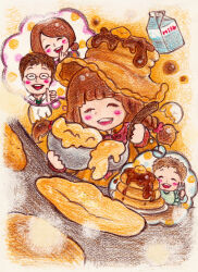Rule 34 | 2boys, 2girls, blunt bangs, braid, brown hair, butter, closed eyes, colored pencil (medium), eggshell, food, food-themed hat, fork, highres, holding, holding fork, holding ladle, iwasaki mayuko, ladle, milk carton, morinaga (brand), multiple boys, multiple girls, open mouth, original, pancake, pancake stack, smile, syrup, thought bubble, traditional media, twin braids, twintails, upper body