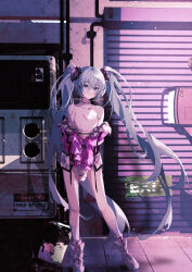 Rule 34 | 1girl, absurdres, blue eyes, blue hair, closed mouth, commentary request, crop top, earphones, full body, grey shorts, hair between eyes, hair ornament, hatsune miku, highres, jacket, kiduki, long hair, long sleeves, looking at viewer, off shoulder, outdoors, own hands together, partially unzipped, pink jacket, shirt, shoes, shorts, smile, socks, solo, solwa, twintails, very long hair, vocaloid, white footwear, white shirt, white socks