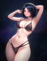 Rule 34 | 1girl, absurdres, anna o renko, armpits, arms up, artist name, bikini, black bikini, black hair, black nails, blue eyes, breasts, commentary, dark background, discord logo, english commentary, hair ornament, highres, large breasts, lips, looking at viewer, nail polish, navel, original, parted lips, short hair, solo, stomach, swimsuit, twitter x logo, variant set