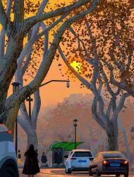 Rule 34 | absurdres, brush stroke, bus stop, car, city, clear sky, day, highres, lamppost, motor vehicle, original, outdoors, painterly, people, poupee (capo sung), road, scenery, sky, street, sun, tail lights, traffic, white tree, yellow leaves, yellow sky