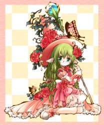 Rule 34 | 1girl, animal ears, bug, butterfly, colorized, dress, flower, frills, glasses, green eyes, green hair, hat, bug, long hair, looking at viewer, matching hair/eyes, original, rose, sitting, solo, witch hat, yume shokunin