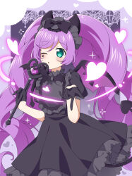 Rule 34 | 1girl, absurdres, black dress, black gloves, black hairband, black horns, black tail, blowing kiss, blue eyes, blush, bow, commentary request, commission, cowboy shot, demon horns, demon tail, demon wings, dress, ebi nana, frilled dress, frills, gloves, hair bow, hairband, hands up, heart, highres, holding, holding wand, horns, long hair, looking at viewer, manaka laala, official style, one eye closed, open mouth, pixiv commission, pretty series, pripara, purple hair, smile, solo, sparkle, standing, tail, twintails, very long hair, wand, wings