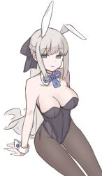 Rule 34 | 1girl, absurdres, animal ears, bare shoulders, black bow, black leotard, blue eyes, bow, braid, breasts, brown pantyhose, cleavage, collarbone, detached collar, fake animal ears, fate/grand order, fate (series), french braid, grey hair, hair bow, highres, kopaka (karda nui), large breasts, leotard, long hair, looking at viewer, morgan le fay (fate), pantyhose, playboy bunny, ponytail, rabbit ears, sidelocks, sitting, solo, thighs, very long hair, wrist cuffs