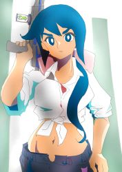 Rule 34 | 1girl, andra san9, blue eyes, blue hair, constanze amalie von braunschbank-albrechtsberger, gun, highres, little witch academia, long hair, ponytail, ribbon, shirt, short sleeves, simple background, stomach, tagme, tied shirt, weapon