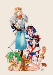 Rule 34 | 4girls, absurdres, ainu clothes, animal ears, armor, artist name, black hair, blonde hair, blue eyes, breasts, brown hair, cat ears, cham cham, charlotte christine de colde, fang, feet, green hair, hair ribbon, hand on own hip, highres, leaning forward, legs, long hair, looking at viewer, lying, medium breasts, multiple girls, nakoruru, on stomach, open mouth, red eyes, ribbon, rimururu, samurai spirits, siblings, sisters, sitting, small breasts, smile, snk, solo, the pose, thighs, traditional media