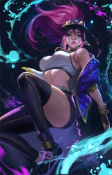 Rule 34 | 1girl, akali, asymmetrical legwear, bare shoulders, baseball cap, black footwear, black gloves, blue eyes, bracelet, breasts, choker, commentary, crop top, earrings, english commentary, fingerless gloves, from below, gloves, hat, idol, jacket, jewelry, k/da (league of legends), k/da akali, league of legends, long hair, looking at viewer, midriff, necklace, official alternate costume, paint, pant, parted lips, phamoz, ponytail, purple hair, purple jacket, shirt, sidelocks, solo, thighhighs, thighs, uneven legwear, white shirt