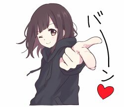 Rule 34 | 1girl, black hoodie, heart, hood, hoodie, nanase kurumi (menhera-chan), one eye closed, pointing, pointing at viewer, pomu (joynet), solo, white background