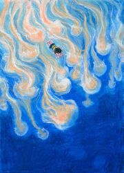 Rule 34 | animal, blue background, blue skirt, highres, jellyfish, nihiru0513, original, painting (medium), skirt, swimming, traditional media, underwater, watercolor (medium)