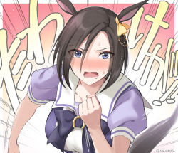 Rule 34 | 1girl, air groove (umamusume), animal ears, text background, black bow, black hair, blue eyes, blush, bow, breasts, clenched hand, collarbone, hair between eyes, hand up, horse ears, horse girl, horse tail, kuguri oimo, medium breasts, nose blush, open mouth, parted bangs, puffy short sleeves, puffy sleeves, purple shirt, school uniform, shirt, short hair, short sleeves, solo, sweat, tail, tracen school uniform, translation request, twitter username, umamusume, upper body, wavy mouth