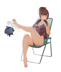 Rule 34 | bare arms, bare legs, bare shoulders, barefoot, blush, bracelet, breasts, brown hair, chair, cleavage, closed mouth, cup, feet, folding chair, full body, gaoerji, hair bun, hair ornament, hair stick, highres, holding, holding cup, jewelry, large breasts, leg up, looking at viewer, mei (overwatch), one-piece swimsuit, overwatch, overwatch 1, purple one-piece swimsuit, red eyes, short hair, simple background, single hair bun, sitting, snowball (overwatch), soles, swimsuit, toes, towel, towel around neck, utensil in mouth, white background