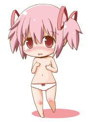 Rule 34 | 10s, 1girl, blush, chibi, covering privates, covering breasts, flat chest, gerotan, hair ribbon, kaname madoka, looking at viewer, mahou shoujo madoka magica, mahou shoujo madoka magica (anime), panties, pink eyes, pink hair, ribbon, short hair, simple background, solo, tears, topless, underwear, white background, white panties
