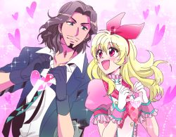 Rule 34 | 1boy, 1girl, :d, aikatsu!, aikatsu! (series), beard, blonde hair, blush, brown hair, commentary, earrings, facial hair, formal, frills, gloves, goatee, gradient background, green eyes, hair between eyes, hair ribbon, hairband, hakyo (amaame), heart, heart background, heart hands, hoshimiya ichigo, idol, jewelry, johnny beppu, long hair, looking at another, mustache, neckerchief, necktie, open mouth, pink background, red eyes, ribbon, short sleeves, sleeves rolled up, smile, sparkle, stubble, suit